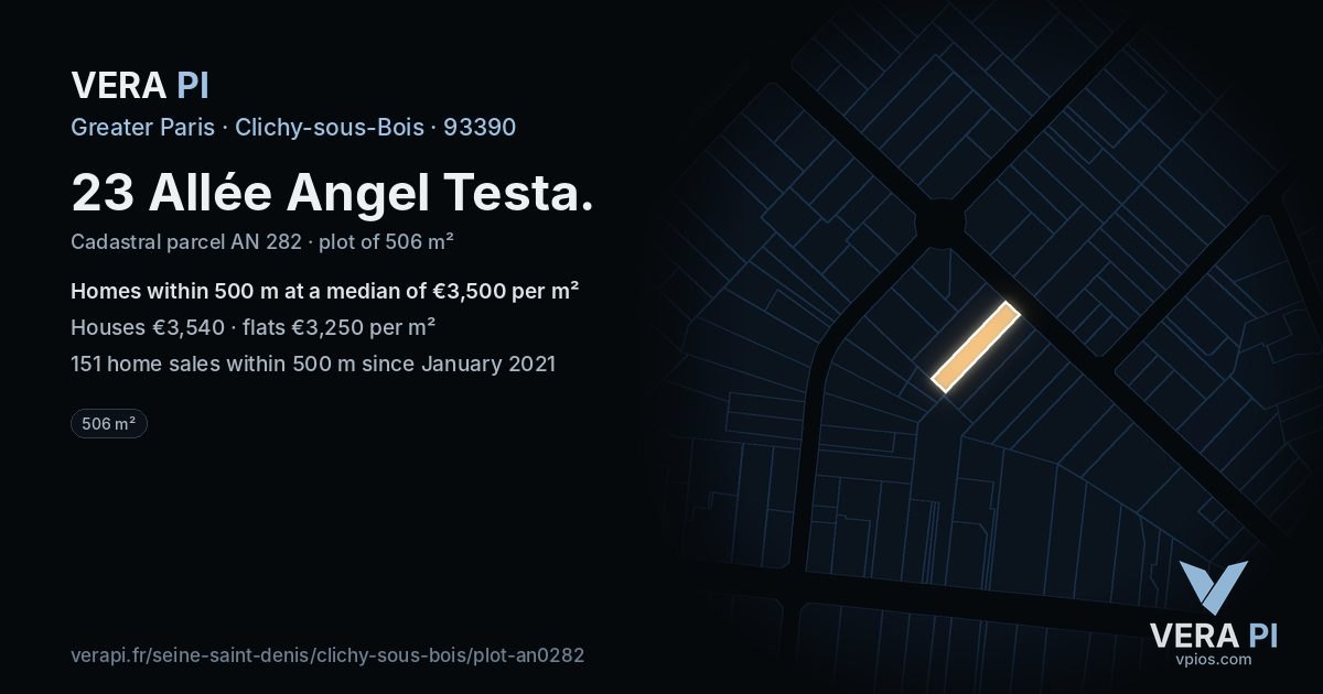 23 Allée Angel Testa, Clichy-sous-Bois at night – the plot lit, the parcels around coloured by the prices near them