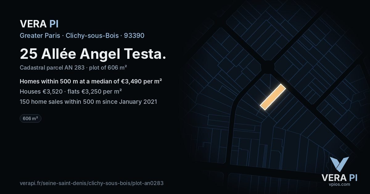 25 Allée Angel Testa, Clichy-sous-Bois at night – the plot lit, the parcels around coloured by the prices near them