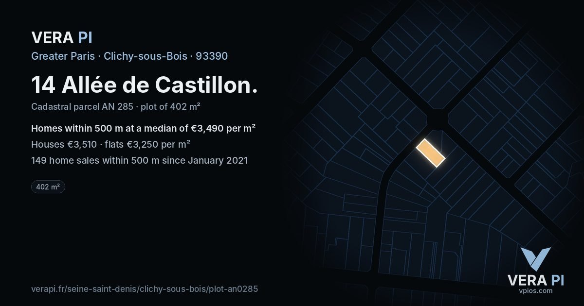 14 Allée de Castillon, Clichy-sous-Bois at night – the plot lit, the parcels around coloured by the prices near them