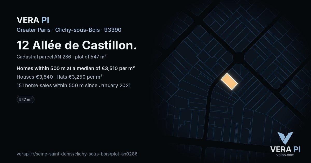 12 Allée de Castillon, Clichy-sous-Bois at night – the plot lit, the parcels around coloured by the prices near them