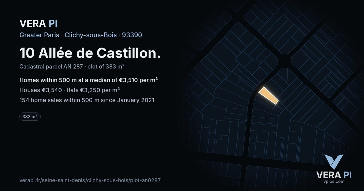 10 Allée de Castillon, Clichy-sous-Bois at night – the plot lit, the parcels around coloured by the prices near them