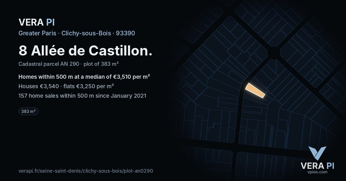 8 Allée de Castillon, Clichy-sous-Bois at night – the plot lit, the parcels around coloured by the prices near them