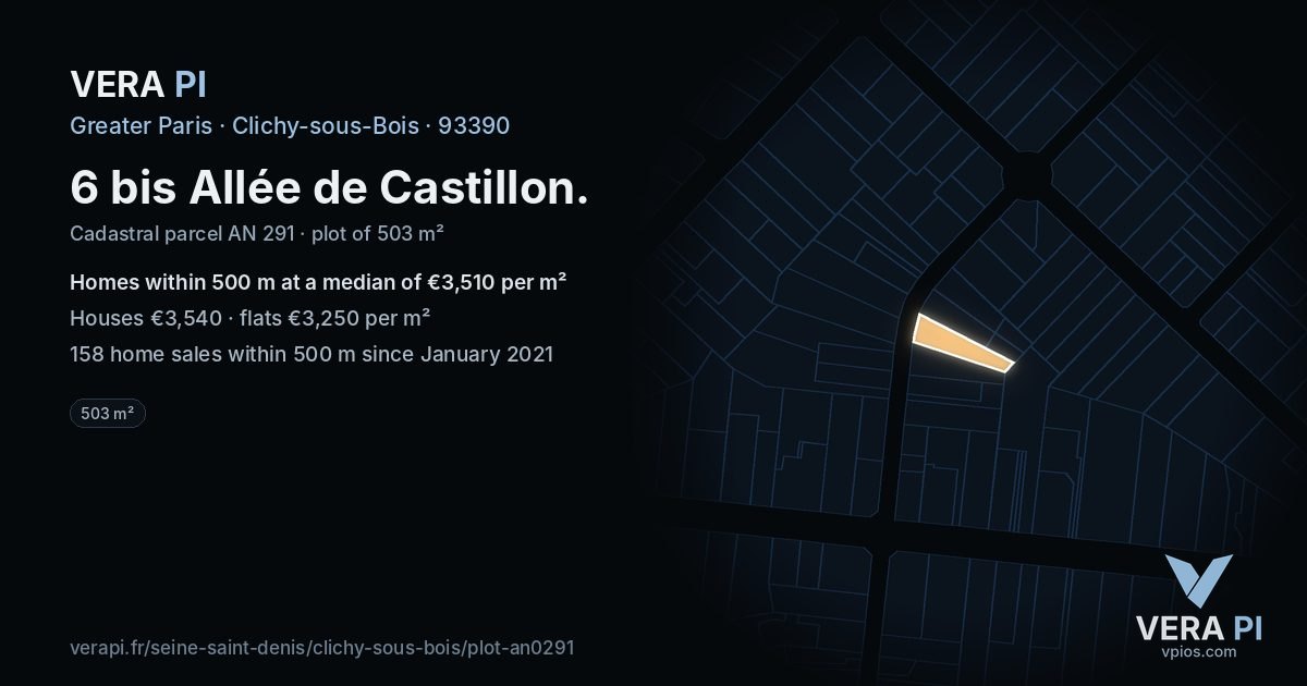 6 bis Allée de Castillon, Clichy-sous-Bois at night – the plot lit, the parcels around coloured by the prices near them