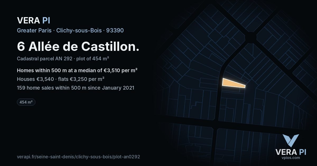 6 Allée de Castillon, Clichy-sous-Bois at night – the plot lit, the parcels around coloured by the prices near them
