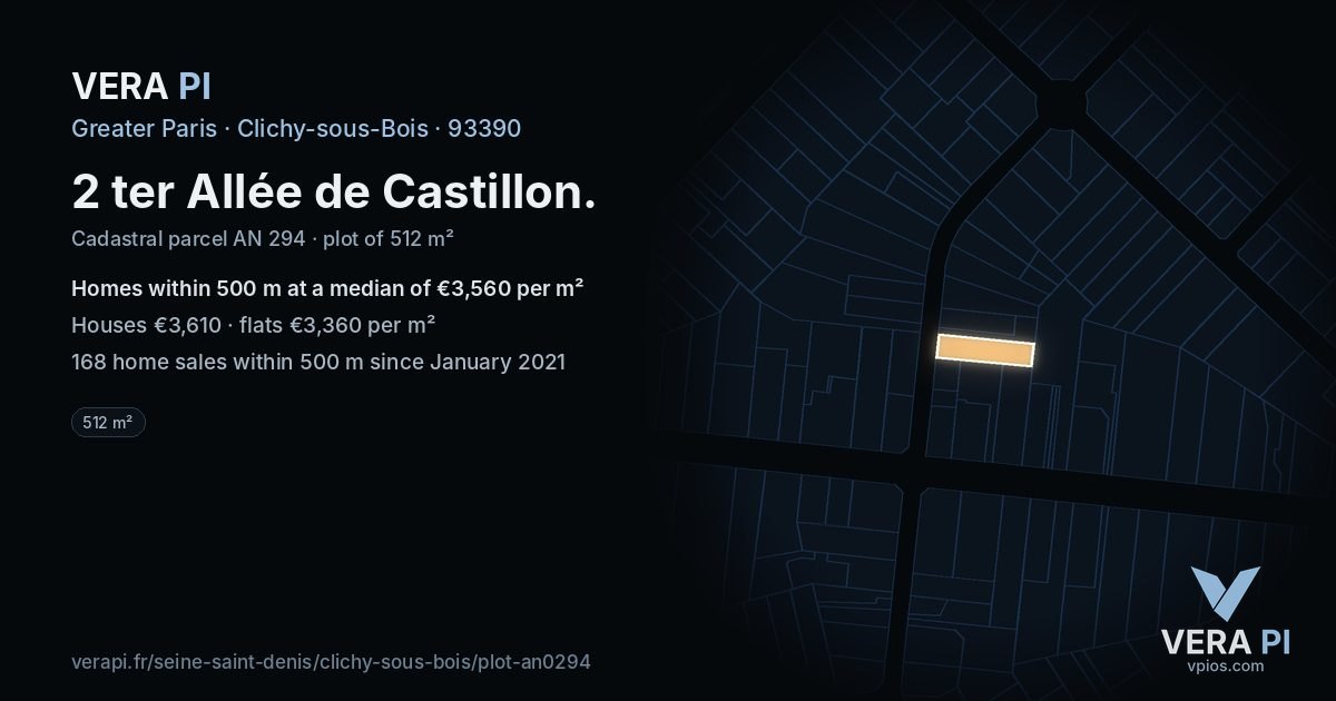 2 ter Allée de Castillon, Clichy-sous-Bois at night – the plot lit, the parcels around coloured by the prices near them