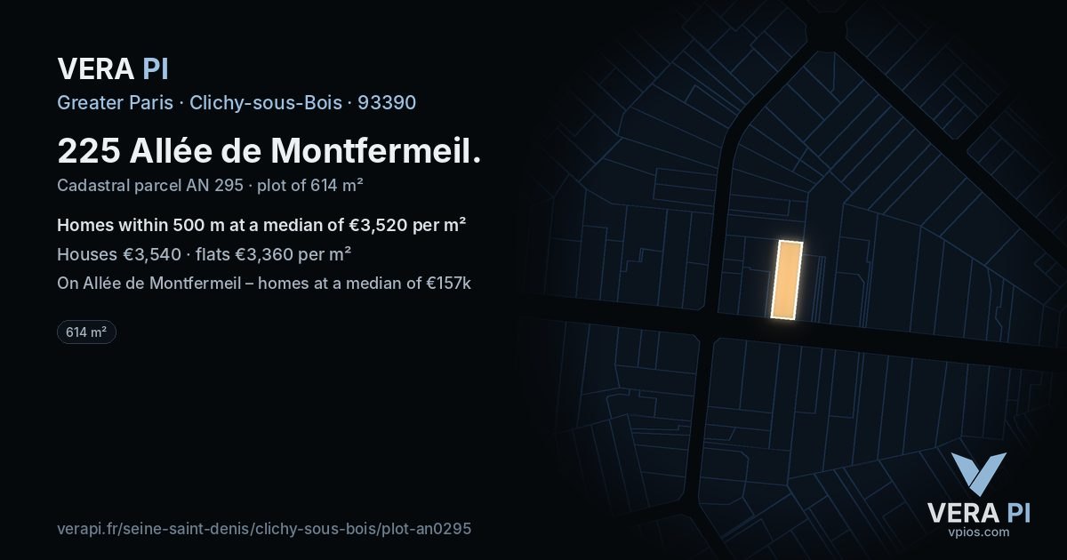 225 Allée de Montfermeil, Clichy-sous-Bois at night – the plot lit, the parcels around coloured by the prices near them