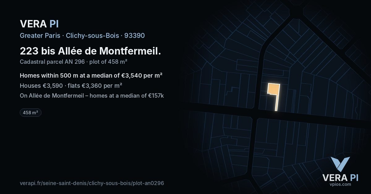 223 bis Allée de Montfermeil, Clichy-sous-Bois at night – the plot lit, the parcels around coloured by the prices near them