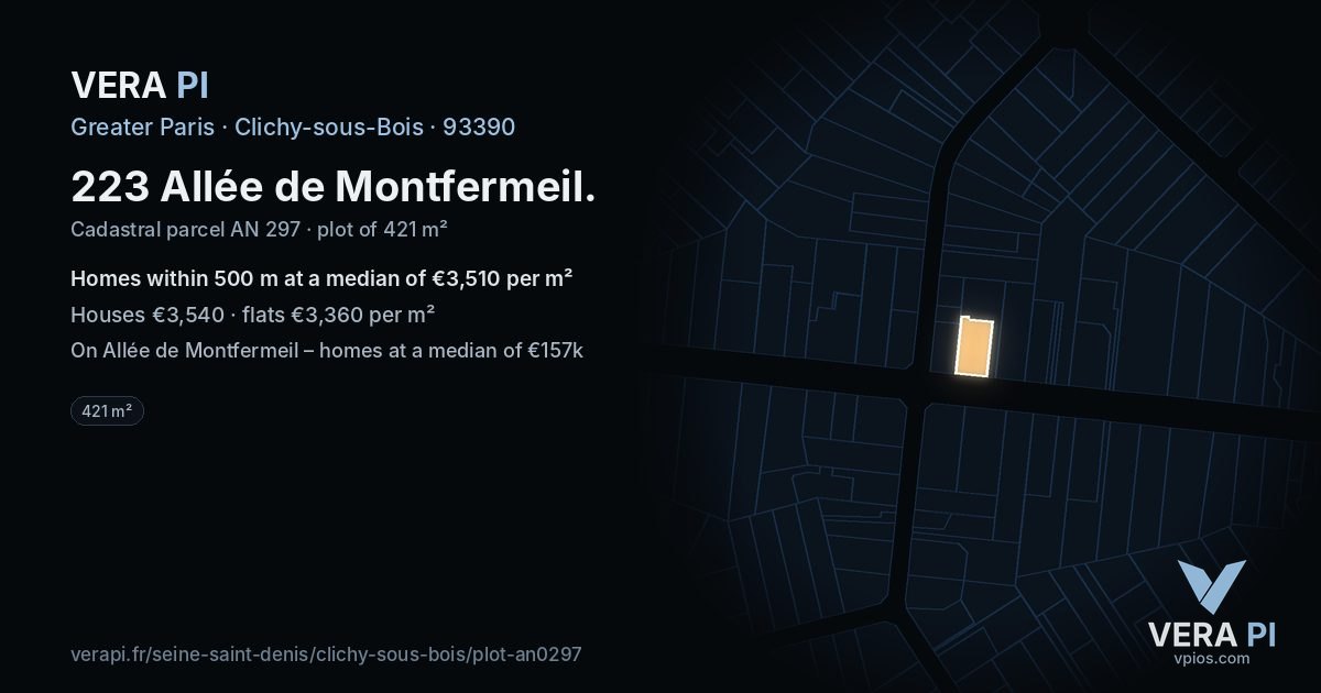 223 Allée de Montfermeil, Clichy-sous-Bois at night – the plot lit, the parcels around coloured by the prices near them
