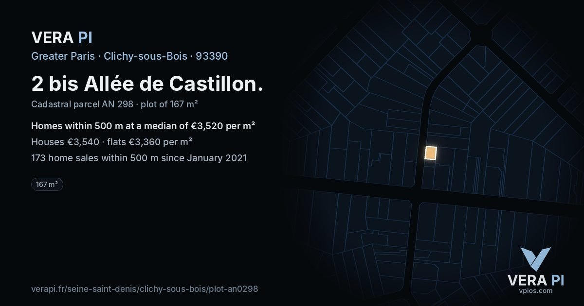 2 bis Allée de Castillon, Clichy-sous-Bois at night – the plot lit, the parcels around coloured by the prices near them