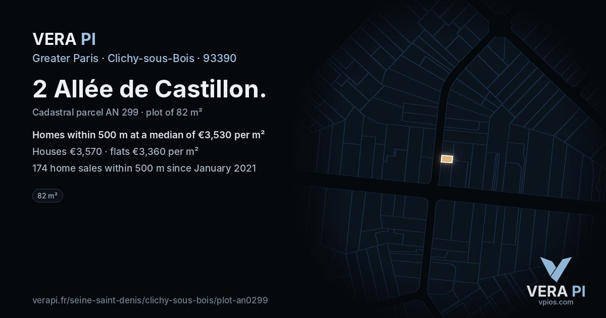 2 Allée de Castillon, Clichy-sous-Bois at night – the plot lit, the parcels around coloured by the prices near them