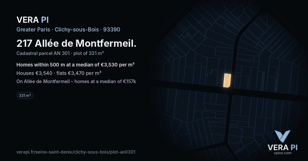217 Allée de Montfermeil, Clichy-sous-Bois at night – the plot lit, the parcels around coloured by the prices near them