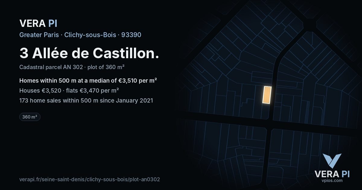 3 Allée de Castillon, Clichy-sous-Bois at night – the plot lit, the parcels around coloured by the prices near them