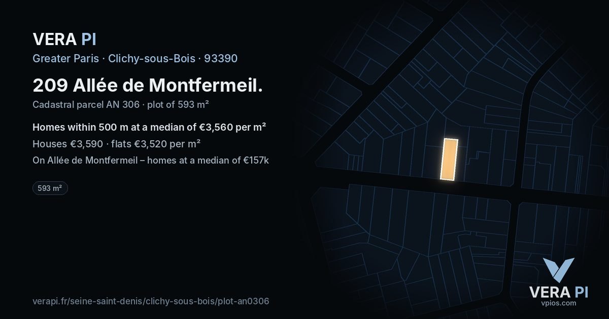 209 Allée de Montfermeil, Clichy-sous-Bois at night – the plot lit, the parcels around coloured by the prices near them