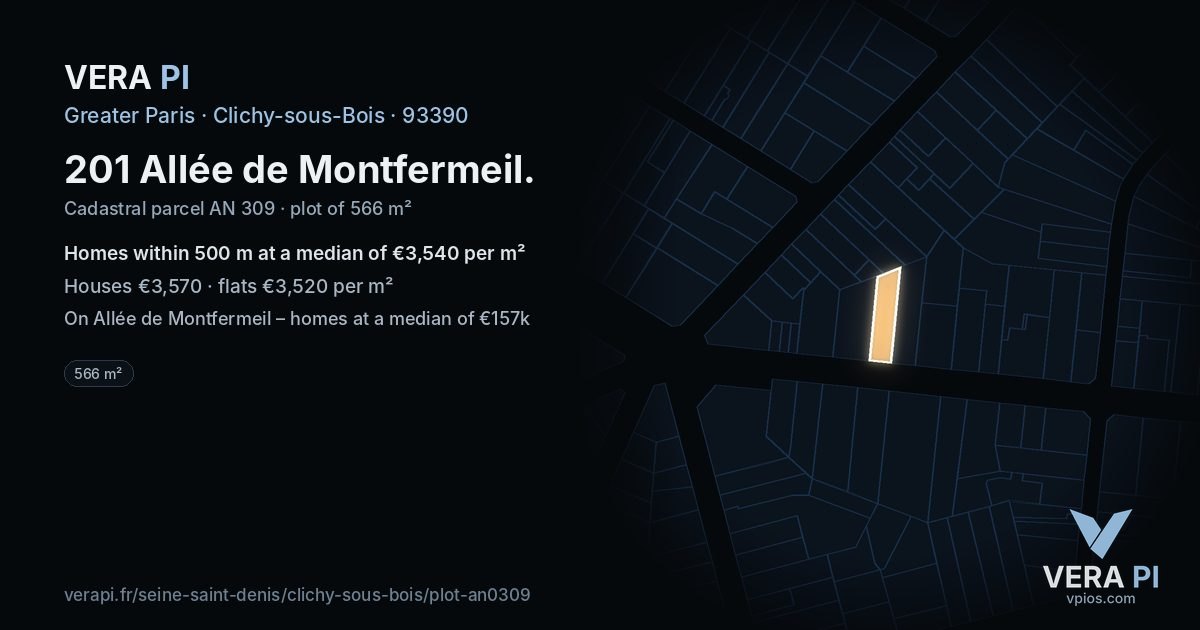 201 Allée de Montfermeil, Clichy-sous-Bois at night – the plot lit, the parcels around coloured by the prices near them