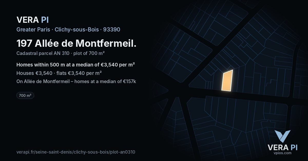 197 Allée de Montfermeil, Clichy-sous-Bois at night – the plot lit, the parcels around coloured by the prices near them