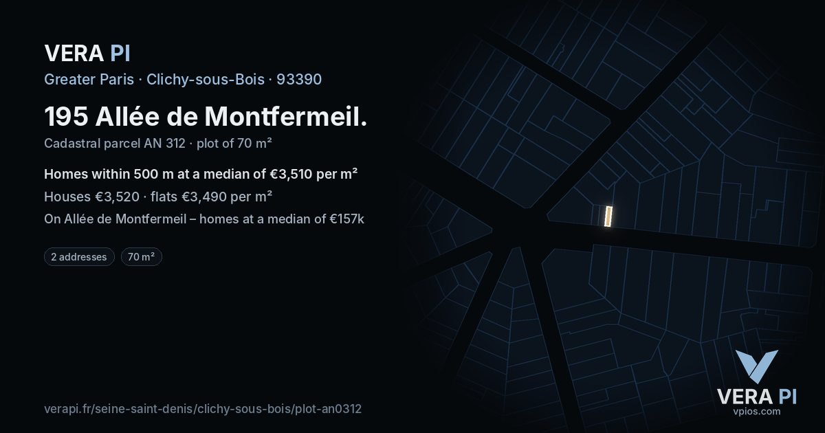 195 Allée de Montfermeil, Clichy-sous-Bois at night – the plot lit, the parcels around coloured by the prices near them