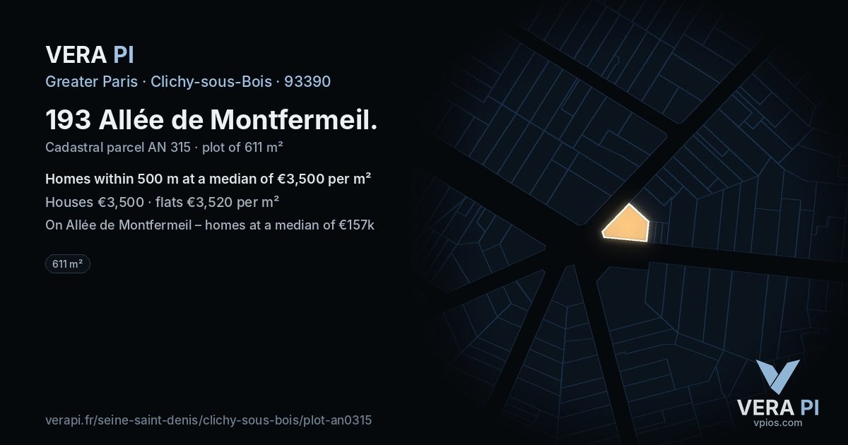 193 Allée de Montfermeil, Clichy-sous-Bois at night – the plot lit, the parcels around coloured by the prices near them