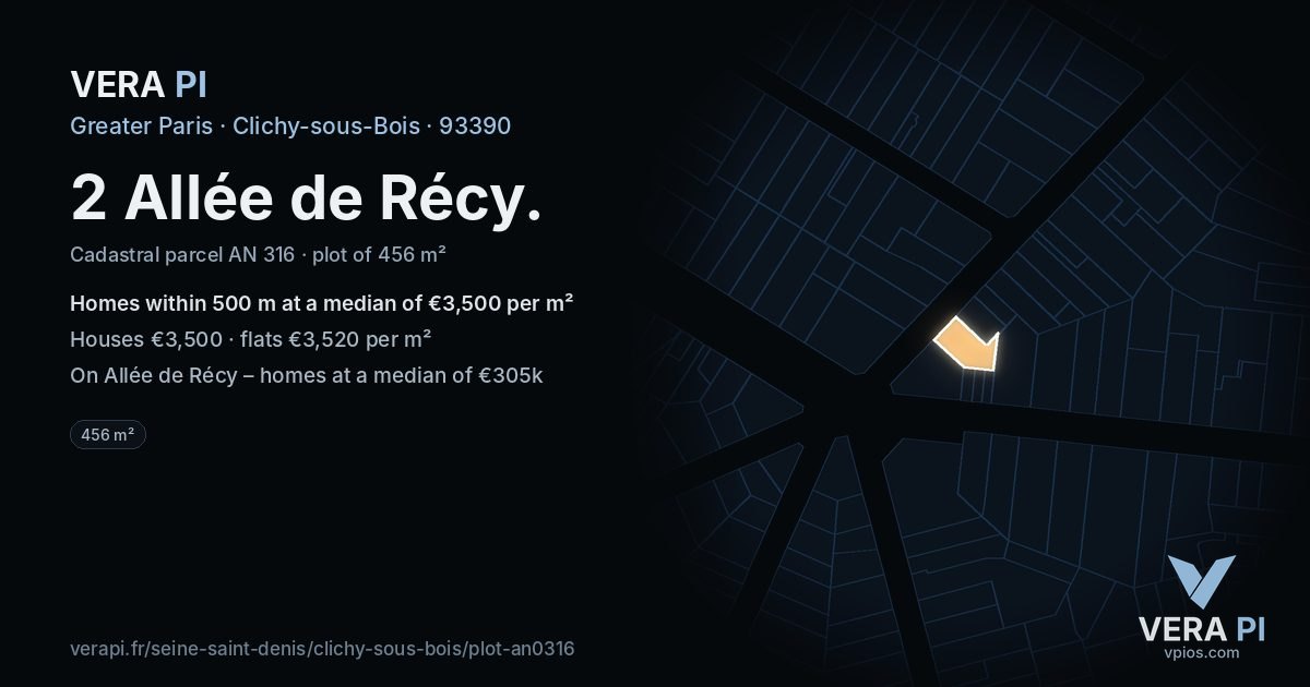 2 Allée de Récy, Clichy-sous-Bois at night – the plot lit, the parcels around coloured by the prices near them