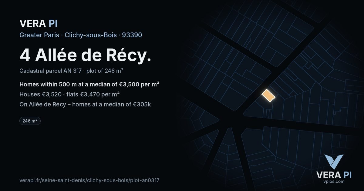 4 Allée de Récy, Clichy-sous-Bois at night – the plot lit, the parcels around coloured by the prices near them