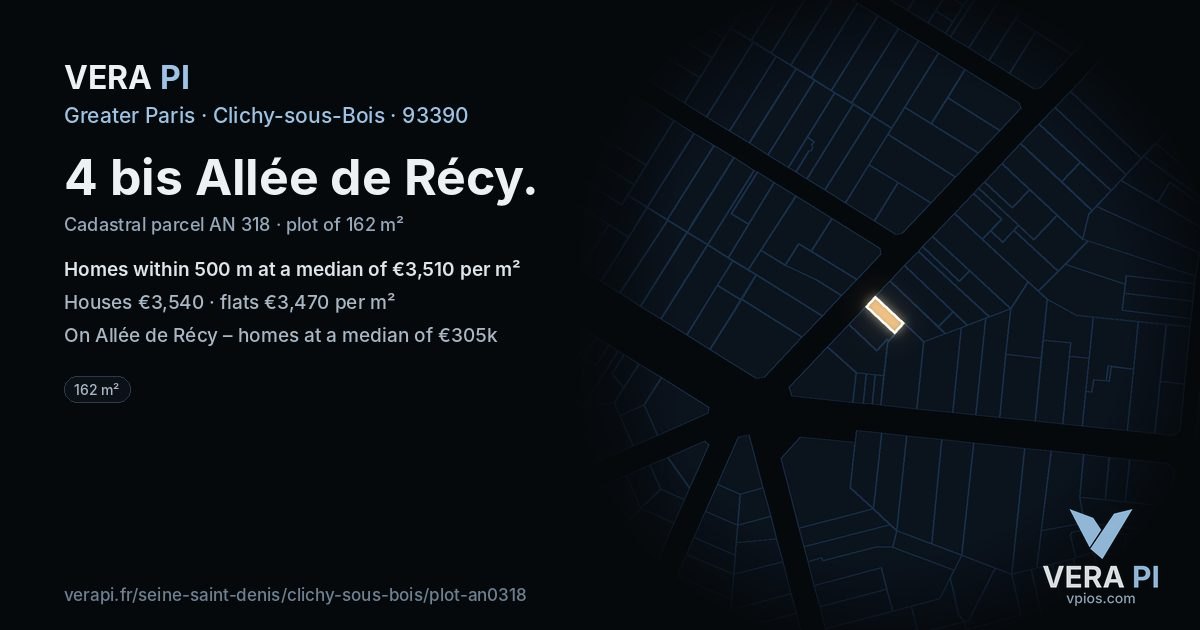 4 bis Allée de Récy, Clichy-sous-Bois at night – the plot lit, the parcels around coloured by the prices near them