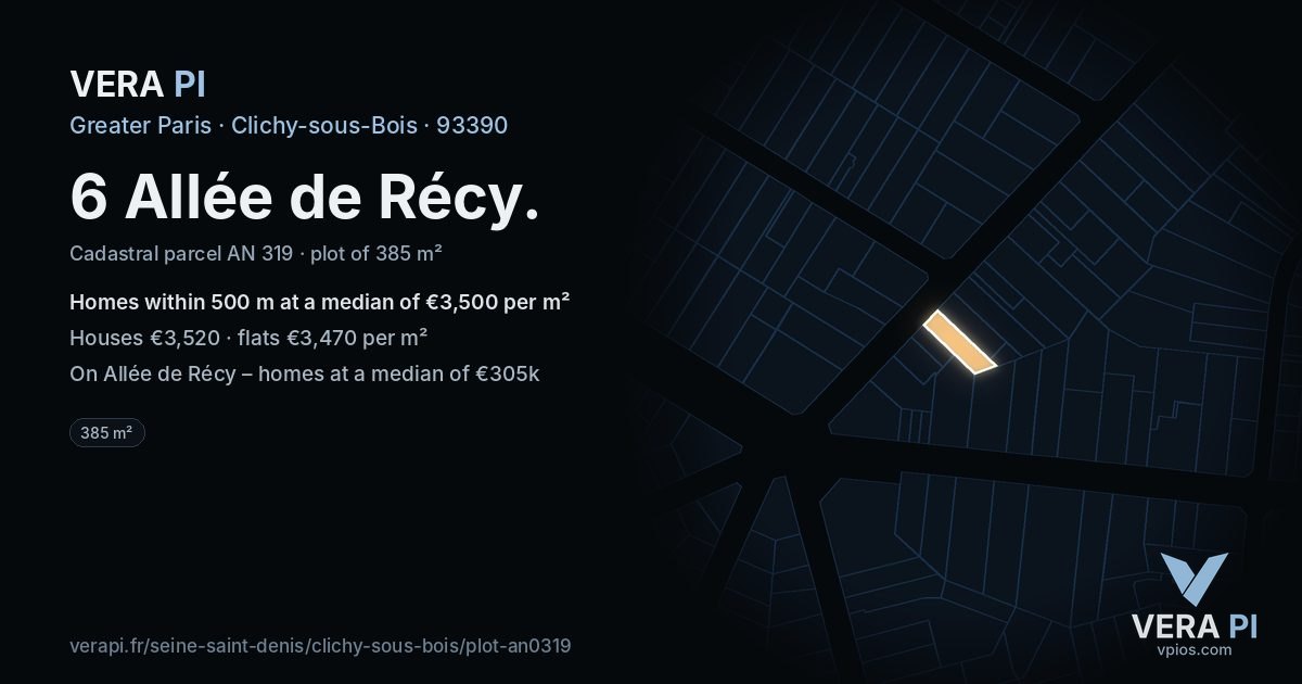 6 Allée de Récy, Clichy-sous-Bois at night – the plot lit, the parcels around coloured by the prices near them