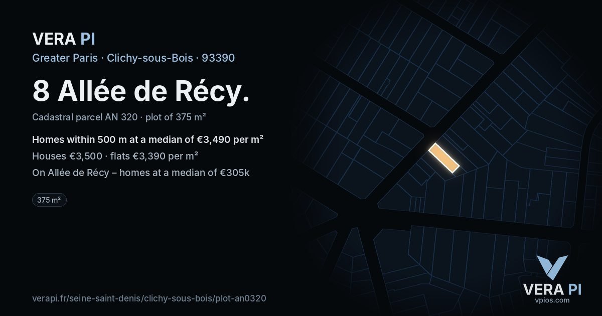 8 Allée de Récy, Clichy-sous-Bois at night – the plot lit, the parcels around coloured by the prices near them