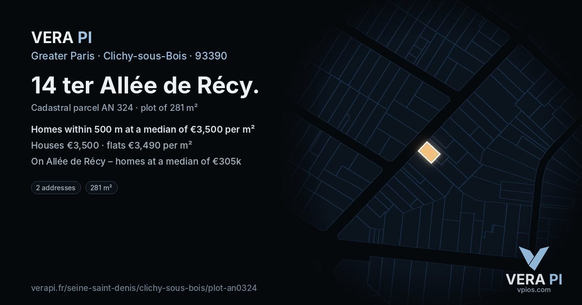 14 ter Allée de Récy, Clichy-sous-Bois at night – the plot lit, the parcels around coloured by the prices near them