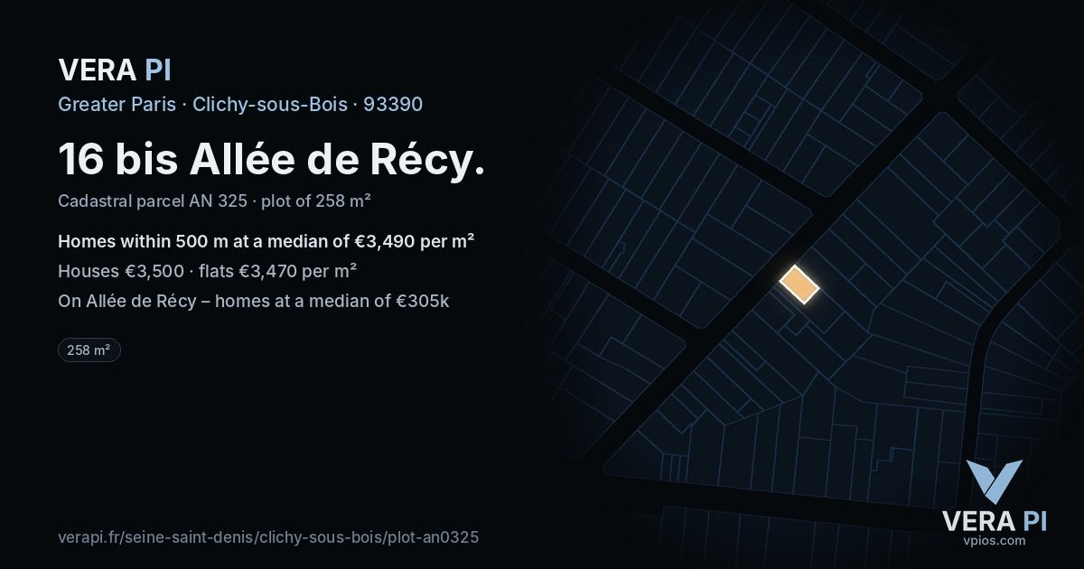 16 bis Allée de Récy, Clichy-sous-Bois at night – the plot lit, the parcels around coloured by the prices near them