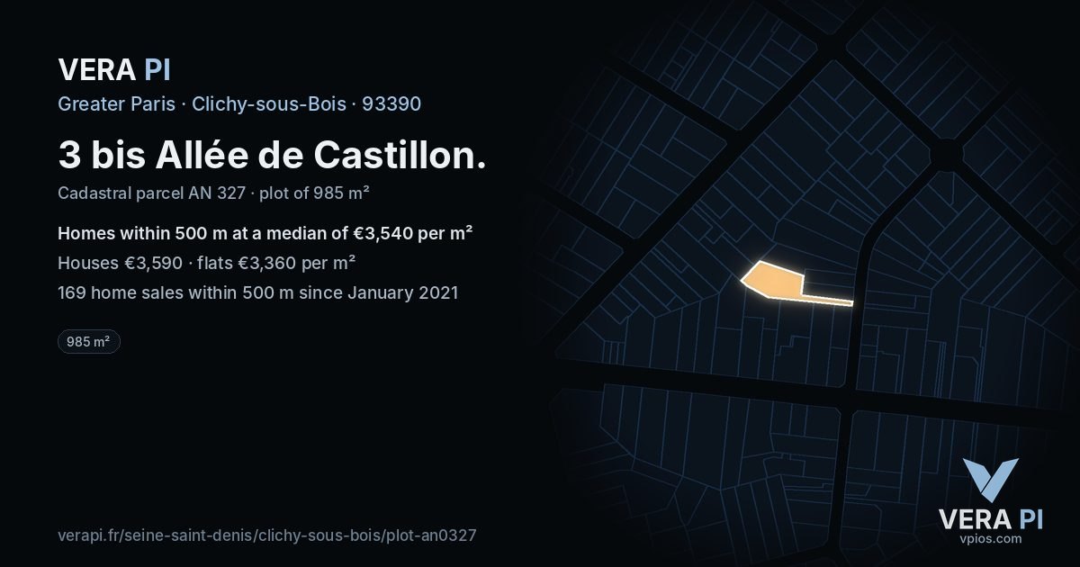 3 bis Allée de Castillon, Clichy-sous-Bois at night – the plot lit, the parcels around coloured by the prices near them
