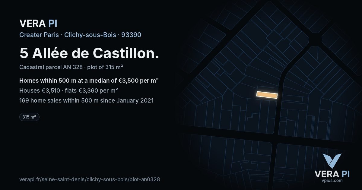 5 Allée de Castillon, Clichy-sous-Bois at night – the plot lit, the parcels around coloured by the prices near them