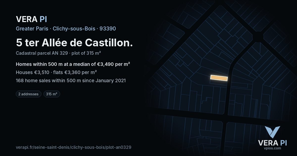 5 ter Allée de Castillon, Clichy-sous-Bois at night – the plot lit, the parcels around coloured by the prices near them