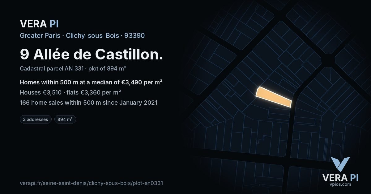 9 Allée de Castillon, Clichy-sous-Bois at night – the plot lit, the parcels around coloured by the prices near them
