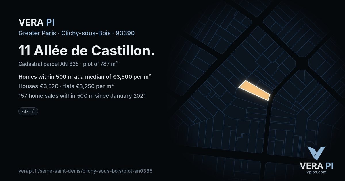 11 Allée de Castillon, Clichy-sous-Bois at night – the plot lit, the parcels around coloured by the prices near them
