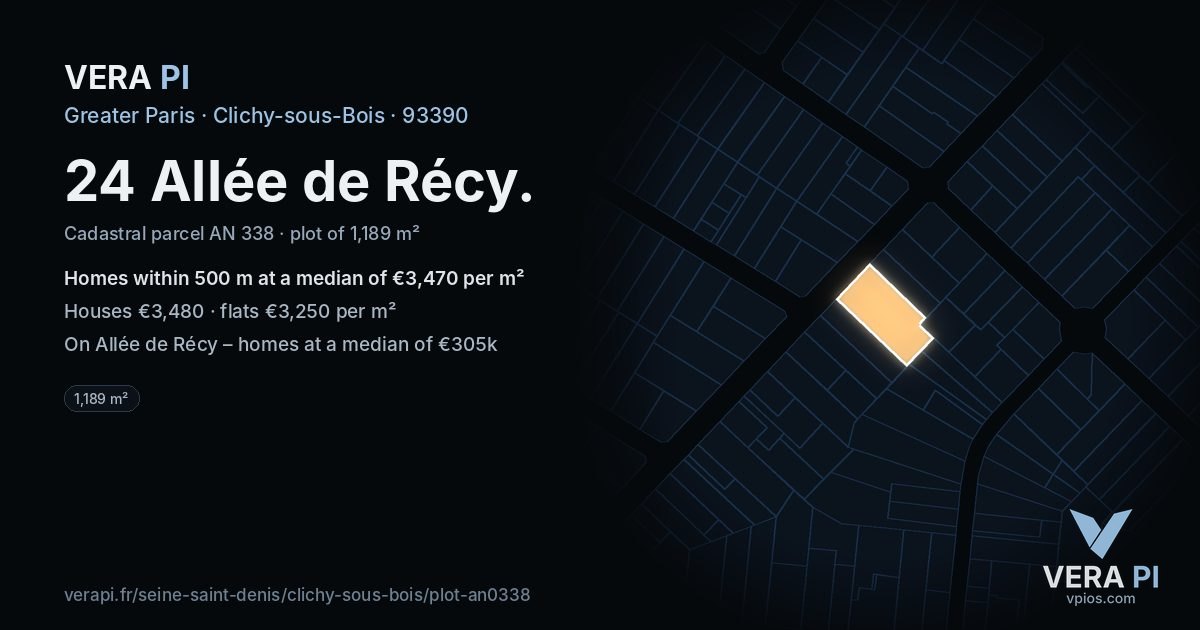 24 Allée de Récy, Clichy-sous-Bois at night – the plot lit, the parcels around coloured by the prices near them
