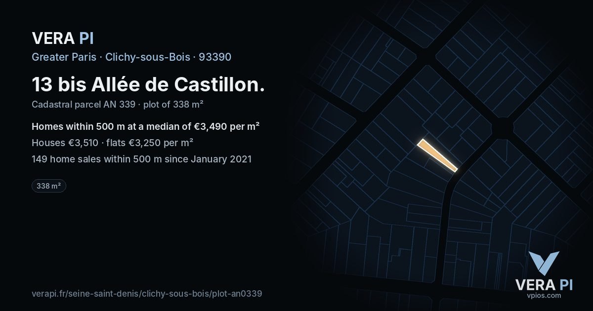 13 bis Allée de Castillon, Clichy-sous-Bois at night – the plot lit, the parcels around coloured by the prices near them