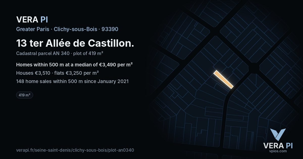 13 ter Allée de Castillon, Clichy-sous-Bois at night – the plot lit, the parcels around coloured by the prices near them