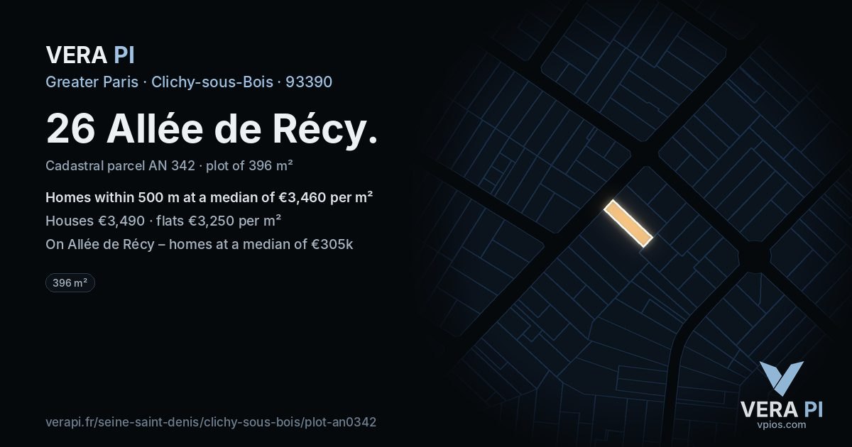 26 Allée de Récy, Clichy-sous-Bois at night – the plot lit, the parcels around coloured by the prices near them