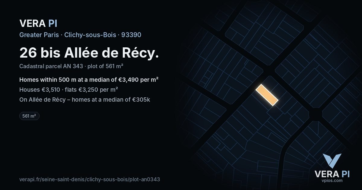 26 bis Allée de Récy, Clichy-sous-Bois at night – the plot lit, the parcels around coloured by the prices near them
