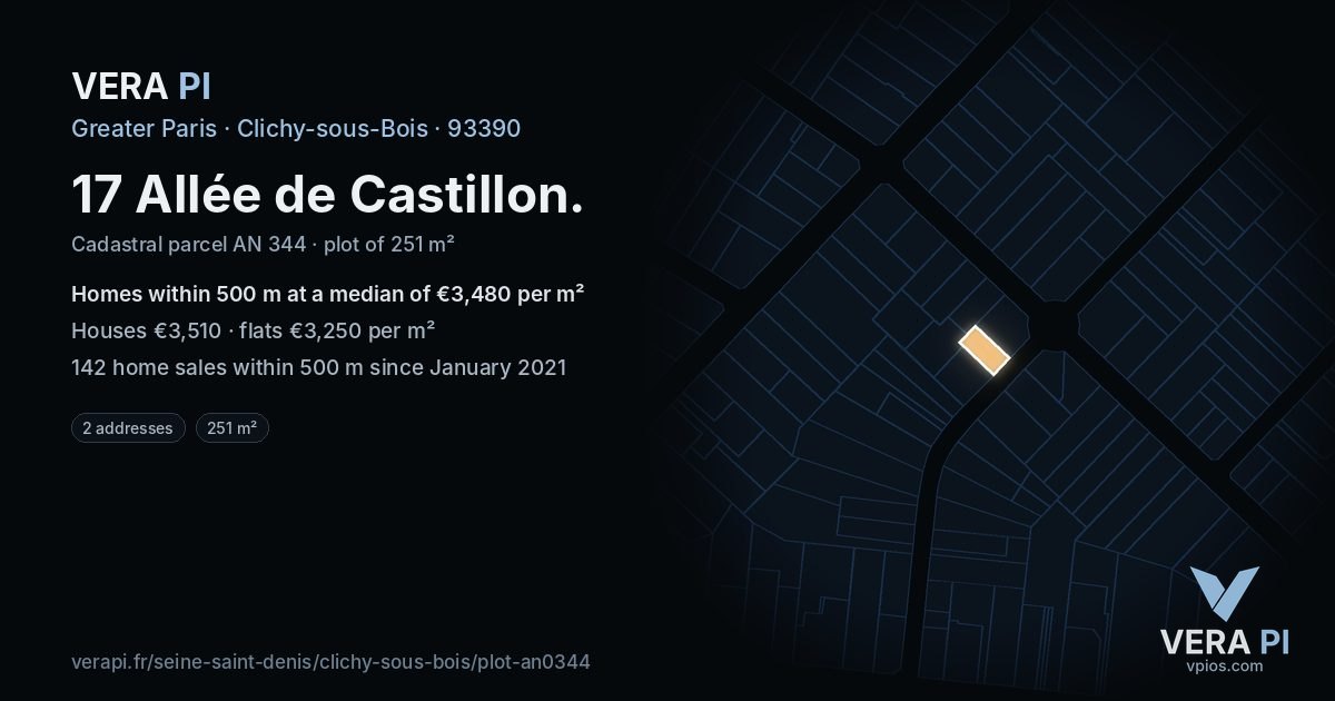 17 Allée de Castillon, Clichy-sous-Bois at night – the plot lit, the parcels around coloured by the prices near them