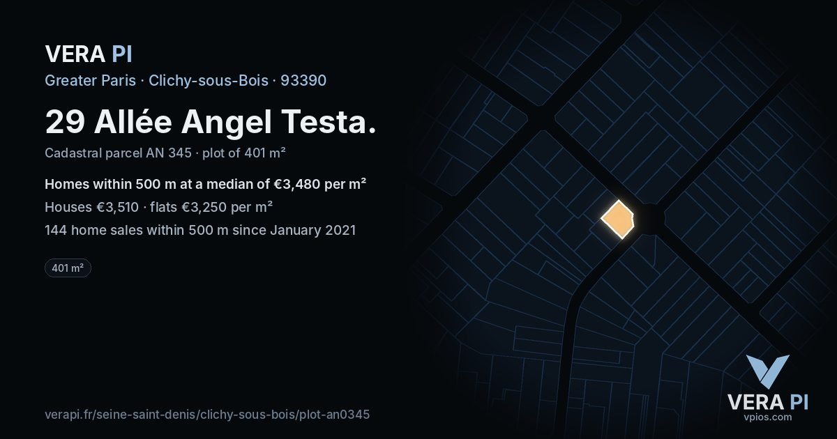 29 Allée Angel Testa, Clichy-sous-Bois at night – the plot lit, the parcels around coloured by the prices near them