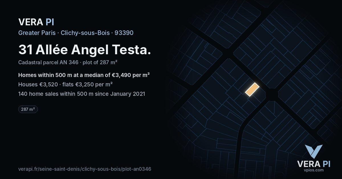 31 Allée Angel Testa, Clichy-sous-Bois at night – the plot lit, the parcels around coloured by the prices near them