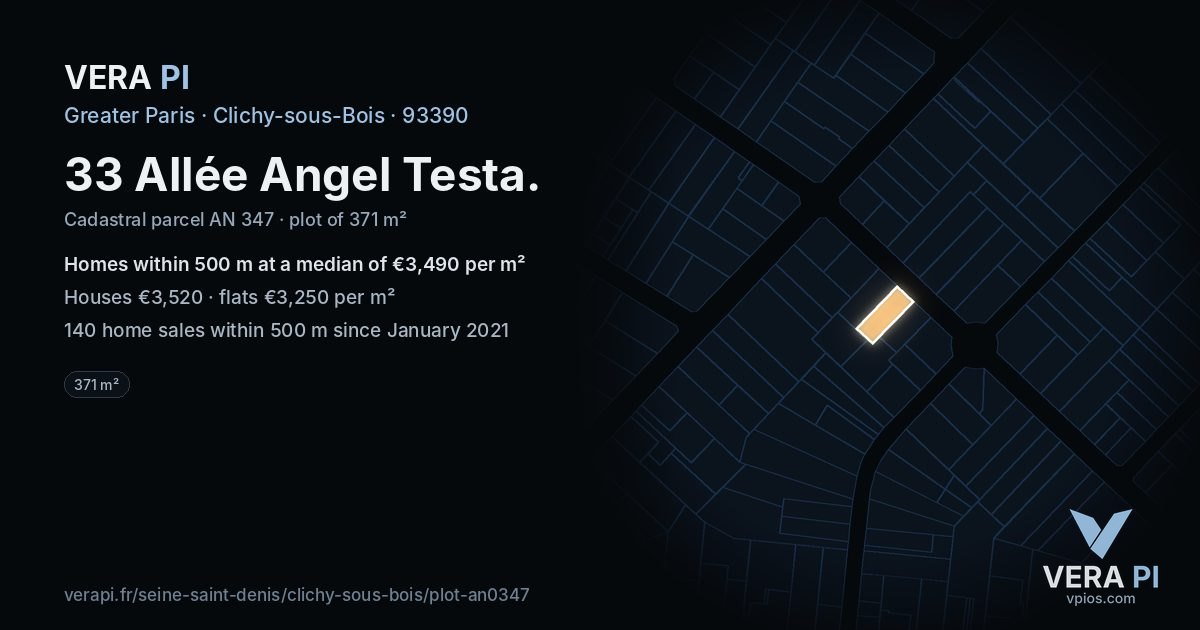 33 Allée Angel Testa, Clichy-sous-Bois at night – the plot lit, the parcels around coloured by the prices near them