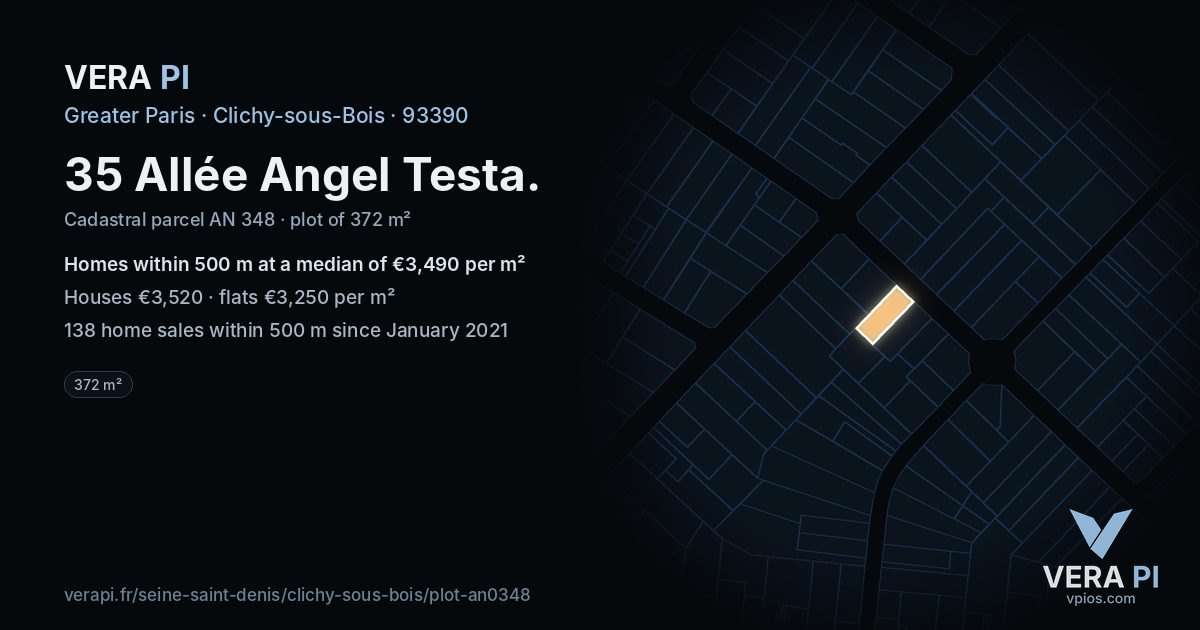 35 Allée Angel Testa, Clichy-sous-Bois at night – the plot lit, the parcels around coloured by the prices near them