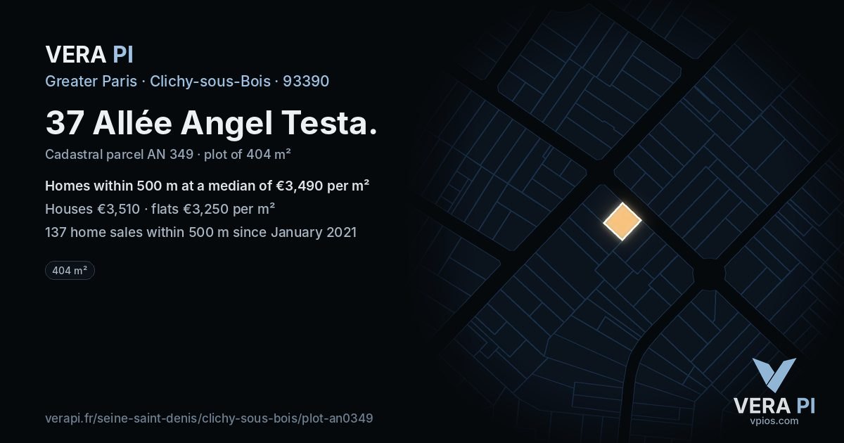 37 Allée Angel Testa, Clichy-sous-Bois at night – the plot lit, the parcels around coloured by the prices near them