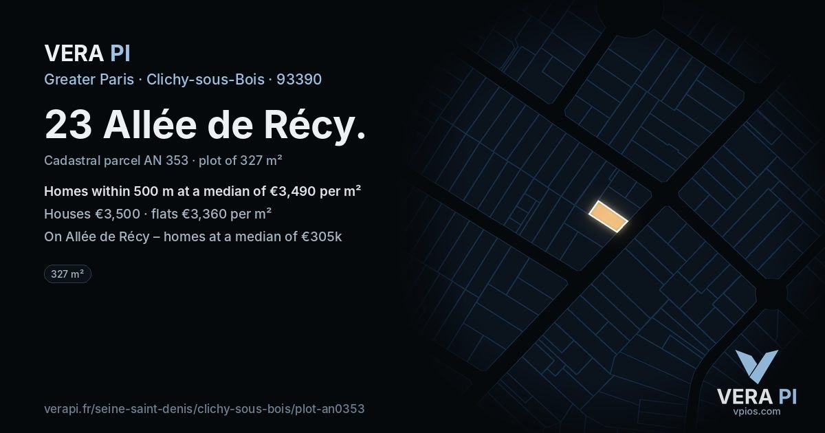 23 Allée de Récy, Clichy-sous-Bois at night – the plot lit, the parcels around coloured by the prices near them