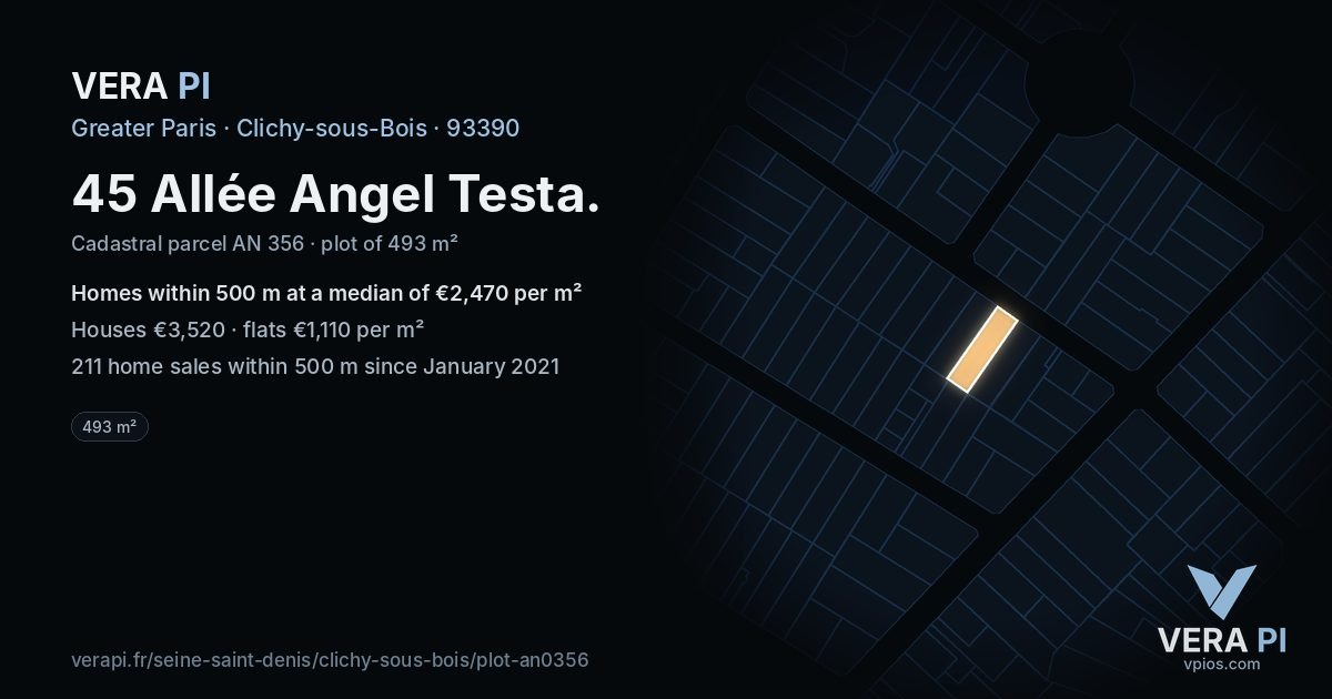 45 Allée Angel Testa, Clichy-sous-Bois at night – the plot lit, the parcels around coloured by the prices near them