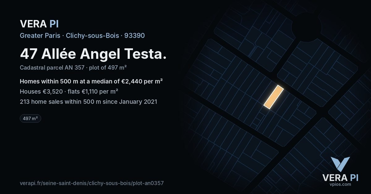 47 Allée Angel Testa, Clichy-sous-Bois at night – the plot lit, the parcels around coloured by the prices near them