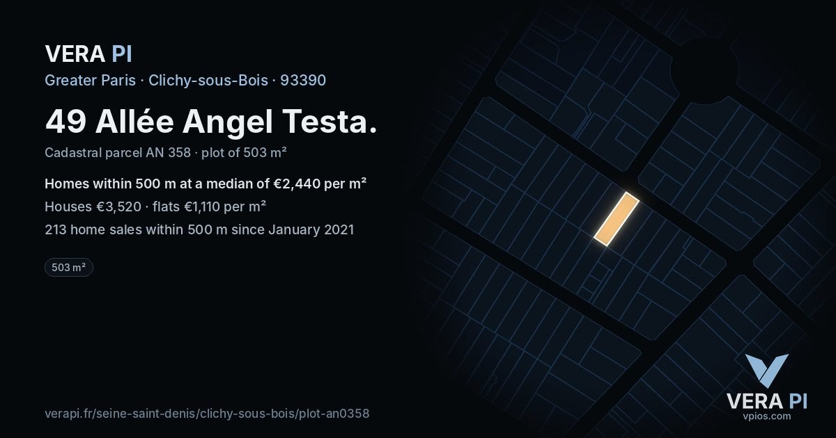 49 Allée Angel Testa, Clichy-sous-Bois at night – the plot lit, the parcels around coloured by the prices near them