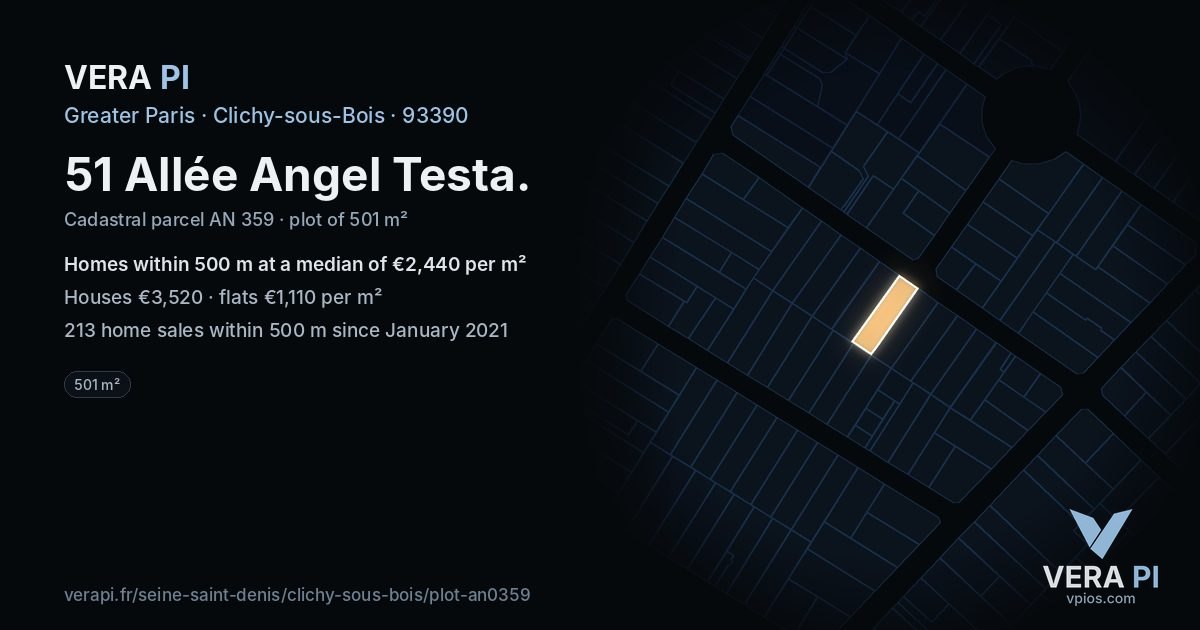 51 Allée Angel Testa, Clichy-sous-Bois at night – the plot lit, the parcels around coloured by the prices near them