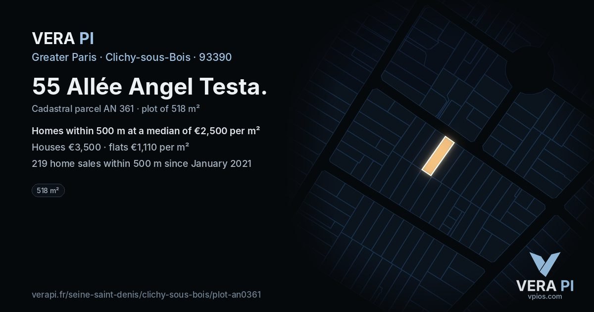 55 Allée Angel Testa, Clichy-sous-Bois at night – the plot lit, the parcels around coloured by the prices near them